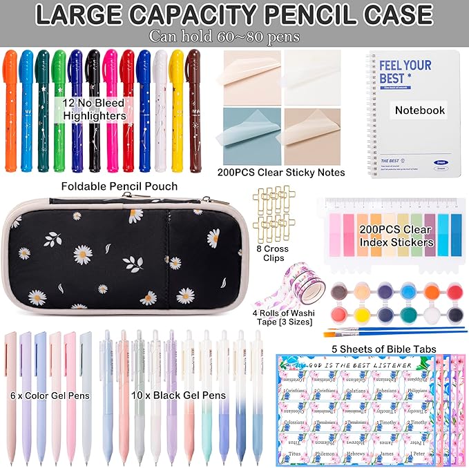 TuErCao Bible Study Supplies Kit - Black Daisies Aesthetic Pencil Pouch Bag, 75 Durable Tabs, 12 Smooth Crayon Highlighters, 16 Gel Pens, Notebook, Notes -Bible Journaling Study Tools