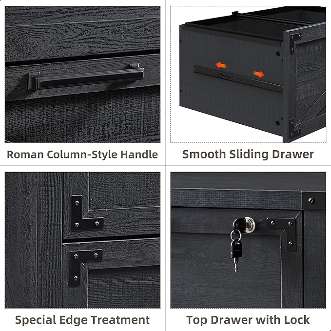 JXQTLINGMU 2 Drawer Farmhouse File Cabinet, Lateral Filing Cabinet with Lock for Home Office, Compatible Legal Letter A4 F4 Size, Black