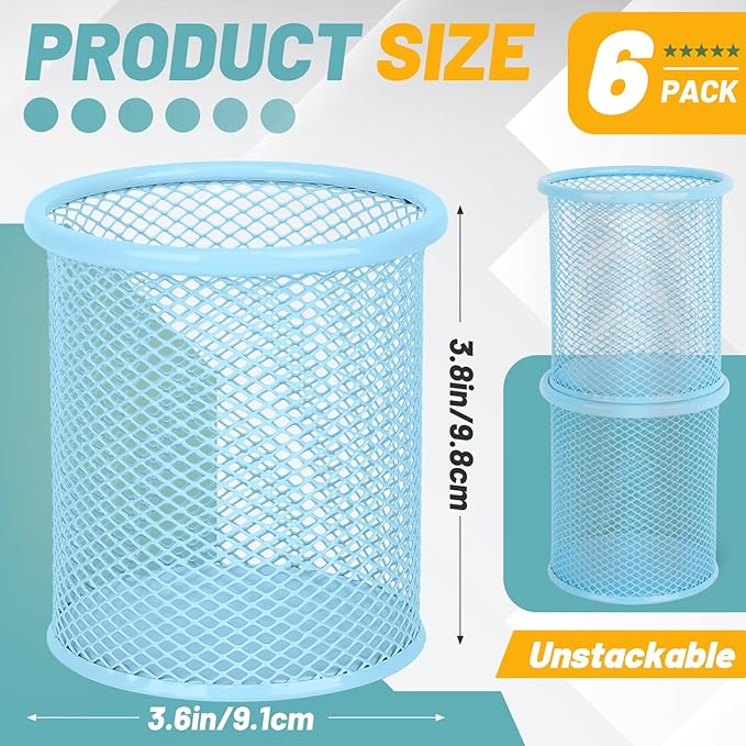 Segarty Pencil Holder, 6 Pack Light Blue Pen Holder, Pencils Cups Holder for Desk, Round Mesh Pens Container Organizer for Office Supplies, School Classroom, Makeup Brush, Home Storage