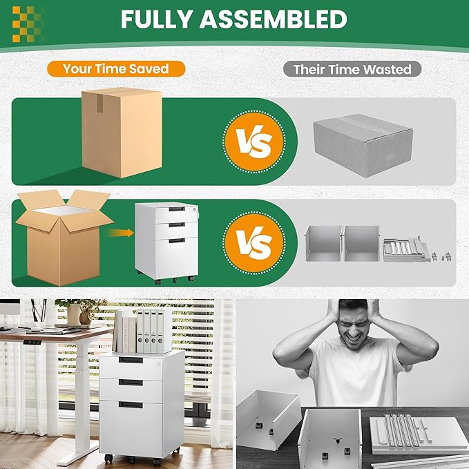 Mobile File Cabinet,3 Drawer Locking Storage Filing Cabinet,Office Metal Storage Cabinet on Wheels for Legal/Letter/A4 File(Fully Assembled,White)