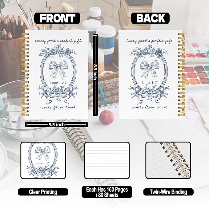 Chinoiserie Bow Christian Spiral Notebook, Vintage Blue and White Porcelain Floral Bible Journaling Notebooks for School, Preppy Girly Hardcover Journals for Women, 160 Pages 5.5 x 8.3 Inch