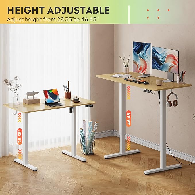 DEVAISE 48 Inch Electric Standing Desk, 3 Adjustable Height Stand up Desk for Home Office, Ergonomic Sit to Stand Desk with LED Touchscreen, Headphone Hook, 3 Memory Preset Computer Desk (Maple)