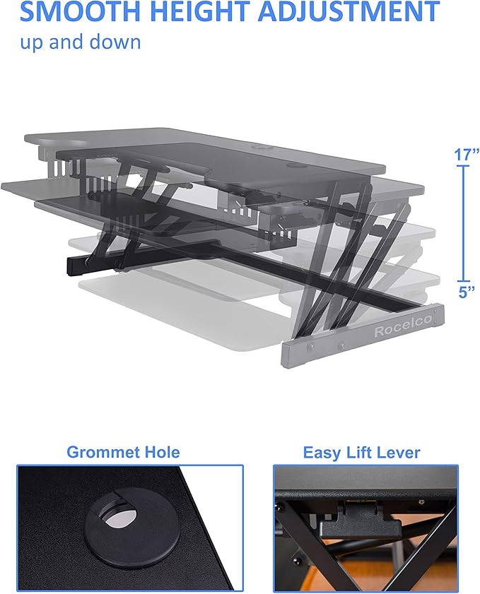 Rocelco 40" Large Height Adjustable Standing Desk Converter with Dual Monitor Mount BUNDLE - Quick Sit Stand Up Computer Workstation Riser - Retractable Keyboard Tray - Black (R DADRB-40-DM2)
