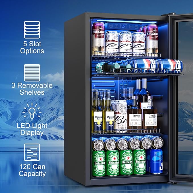 Beverage Refrigerator Cooler, 120 Can Drink Fridge with Glass Door for Soda Beer or Wine, Digital Temperature Control, Mini Fridge for Bedroom, Bar, Office (Black, 3.23 Cu.Ft)
