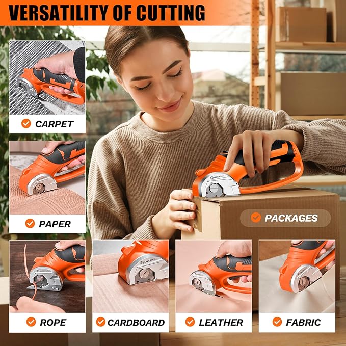 Cordless Electric Scissors,4V Rechargeable Cardboard Box Cutter Heavy Duty Fabric Scissor with Safety Lock & LED Light,Power Rotary Cutter for Leather Carpet Plastic Cutting,Sewing,Crafting