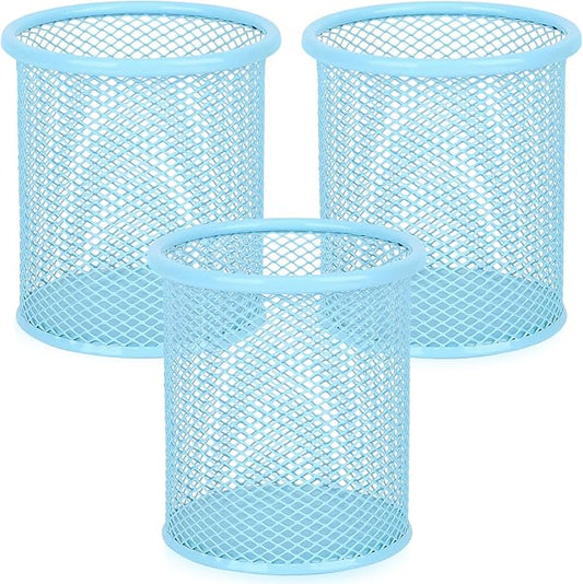 Segarty Pencil Holder, 3 Pack Light Blue Pen Holder, Pencils Cups for Desk, Round Mesh Pens Container Organizer for Office Supplies, School Classroom, Makeup Brush, Home Storage
