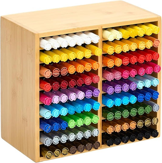 MEEDEN Bamboo Marker Holder Organizer: Holds 126 Pens with 18 Compartments- Art Supply Storage & Holder for Alcohol Markers,Pens,Pencils