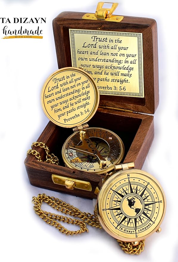 Trust in The Lord With All Your Heart - Proverbs 3:5-6 Quote Engraved Compass With Wooden Box, Greeting Card, Gift Compass, Graduation Day Gifts 2024 for Women Men Boys Girls
