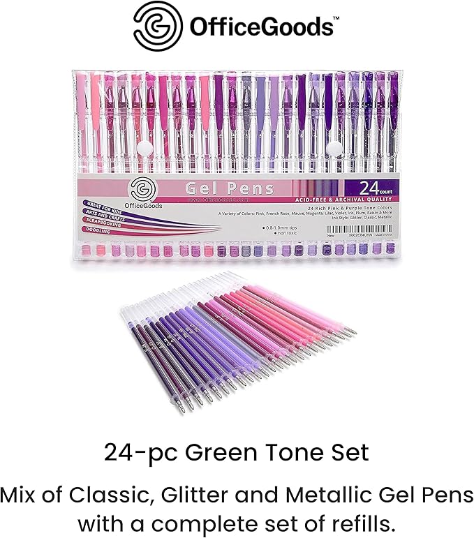 OfficeGoods Pink Purple Gel Pens with Refills – Pastel Adult Coloring Art – Medium 0.8-1.0mm Tips – Non-Toxic Gel Pens Set – Quick Dry Smudge-Free 24 Pack Colors