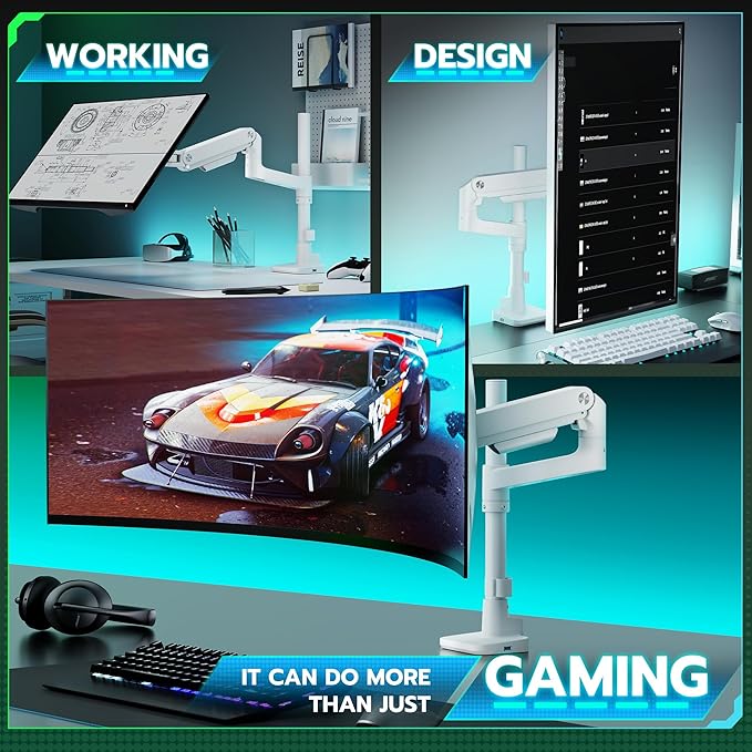 ARES WING Ultrawide Monitor Mount with USB A/C, with Extended Column for 17 to 49 inch Heavy Duty Monitor, Holds 44 lbs, Adjustable Gas Spring Desk Mount, White