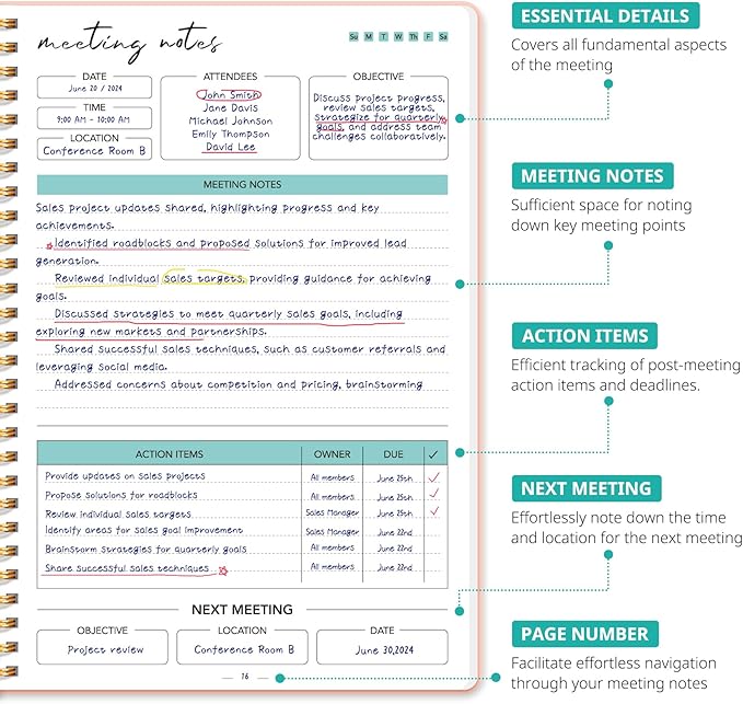 6 Pack of Meeting Notebook for Work Organization - Work notebook with action items, Meeting Minutes Planner Notebook, Perfect Office Supplies for Men & Women - Pink