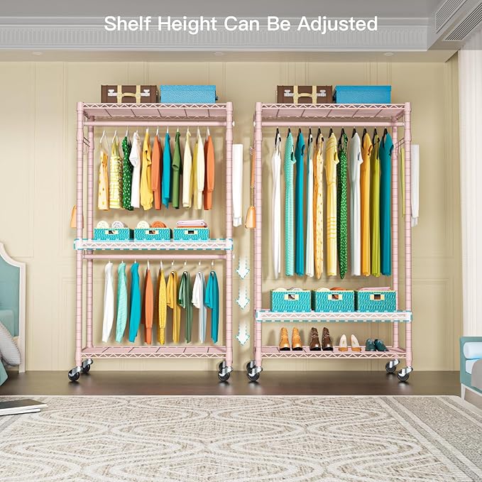 P1 Heavy Duty Garment Rack, 3 Tiers Adjustable Rolling Metal Closet Organizer with Lockable Wheels, FreeStanding Wardrobe with Double Hanger Rods & 1 Pair Hooks, Max Load 450 LBS, Pink