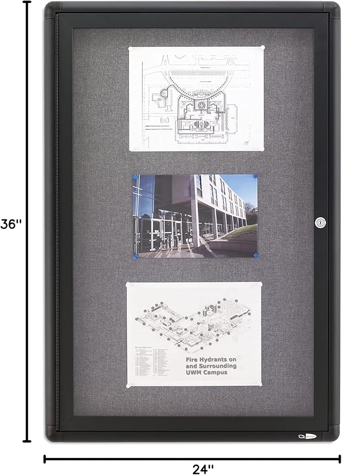 Quartet Enclosed Fabric Bulletin Board, 2 x 3 Feet, 1 Door, Black Frame with Gray Fabric (2363L)