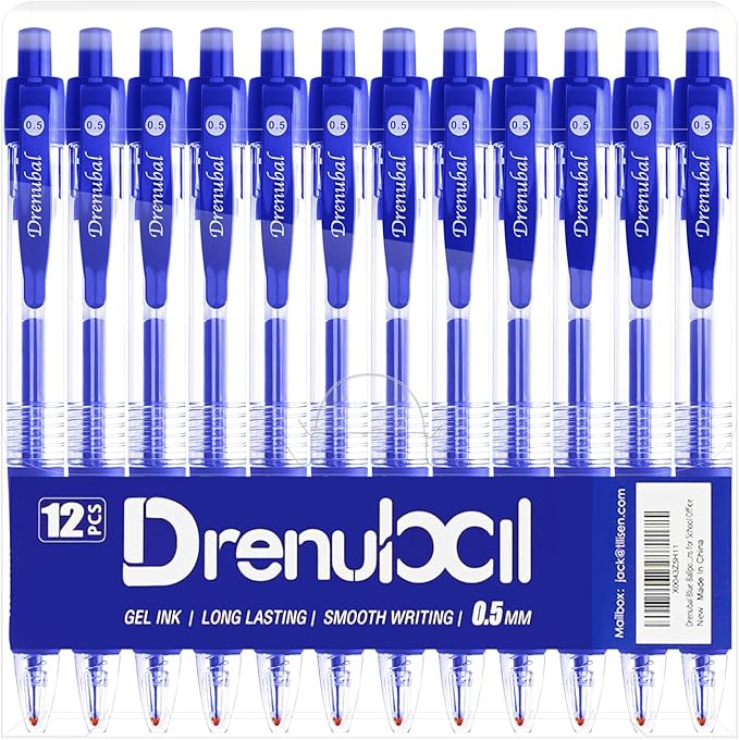 Blue Ballpoint Pens for School Office with Rubber Grip,Fine(0.5mm) Point Retractable-Set of 12 Writing Pens