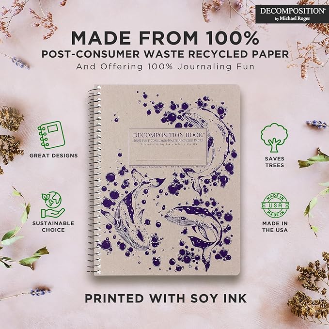 Decomposition Humpback Whales College Ruled Spiral Notebook - 9.75 x 7.5 Journal with 160 Lined Pages - 100% Recycled Paper - Cute Notebooks for School Supplies, Home & Office - Made in USA