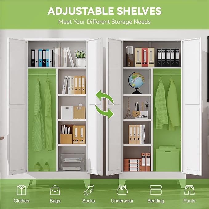 Metal Wardrobe Cabinet with Hanging Rod,Large 71" Armoire Wardrobe Closet with Adjustable Shelves,Farmhouse Metal Clothing Storage Cabinets for Bedroom,Office,Employee(White)