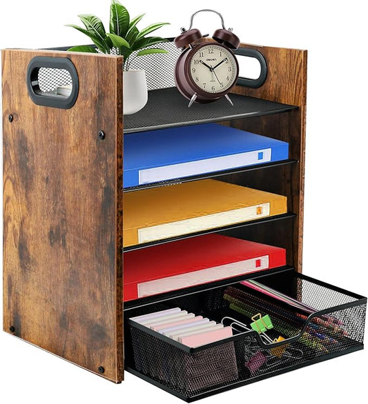 Wood Desk Organizer - 5-Tier Desktop File Organizer with Drawer, Wooden Paper Tray, Office Desk Organzier and Accessories for Papers, Mail, Notebooks, Stationery