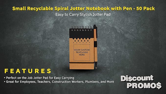 DISCOUNT PROMOS 50 Recyclable Spiral Small Notebooks Pack - Customizable Text, Logo - 60 Lined Pages - Black