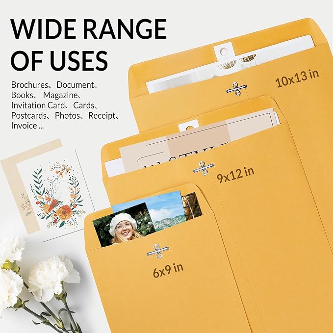 SUNEE 6x9 Clasp Envelopes 100 Count - 6x9 Inch Brown Kraft Envelopes with Clasp Closure – for Home, Office, Business, Legal or School, Great for Filing, Storing or Mailing Documents