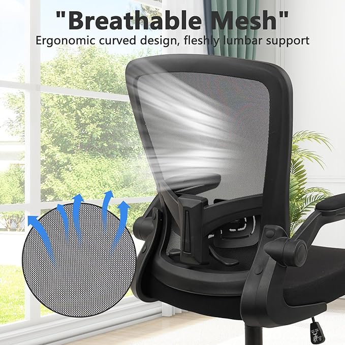 Office Desk Chairs with Wheels, Ergonomic Mesh Chair with Adjustable Height Lumbar Support, Rolling Swivel Computer Task Chair with Flip Up Armrests for Home, Study, Conference, Black