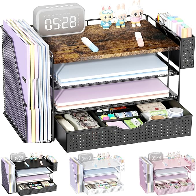 Wood Desk Organizers and Accessories with File Holder, 4-Tier Desk Accessories & Workspace Organizers with Drawer and Pen Holder, Paper Organizer for Office Supplies (Wood)