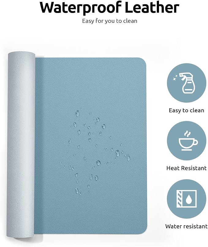 YSAGi Leather Desk Protector, Office Mat, Large Mouse Mat, Non-Slip PU Leather Blotter, Laptop Pad, Waterproof Writing Pad for Office and Home (Ice Blue, 35.4" x 17")