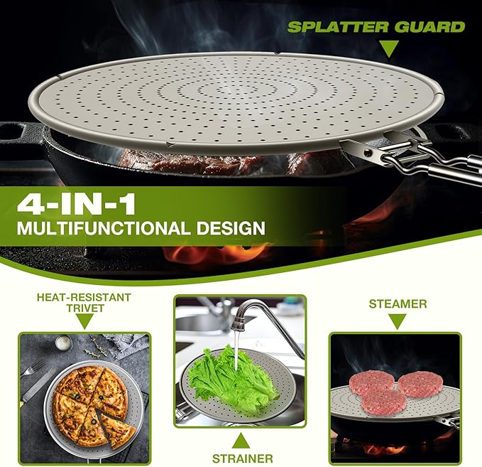 Silicone Splatter Screen for Frying Pan 13 Inch - Grease Splatter Guard with Foldable Handle, Dishwasher Safe & Never Rusts, Fits Most Pans for Stove Top & Bacon Cooking