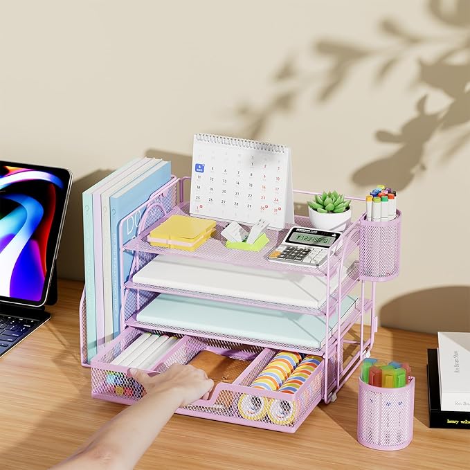 Marbrasse Desk Organizer and Accessories,4-Tier Paper Letter Tray Organizer with File Holder, Workspace Desk Organizers Accessories with Drawer and 2 Pen Holder (Purple, 15.4" x 9.1" x 8.3")