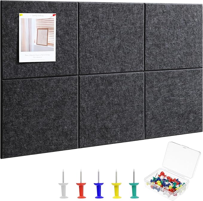 Large Cork Board 36" x 24", 6 Pack Felt Wall Tiles with 30 Pcs Pushpins, Bulletin Board with Removable Self-Adhesive Strips, Pin Boards Cork Boards for Walls Office Home Classroom Decor-Dark Gray