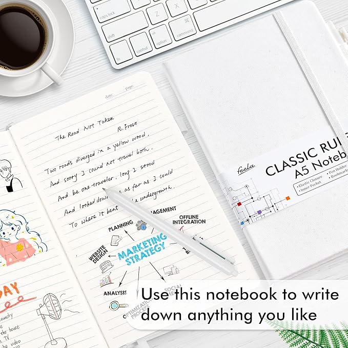 feela College Ruled Notebooks, 24 Pack Business Notebook Hardcover Lined Writing Journal with Pen Holder for Men Women Note Taking, with 24 Black Pens, 120 GSM, 5.1”x8.3”, A5, White