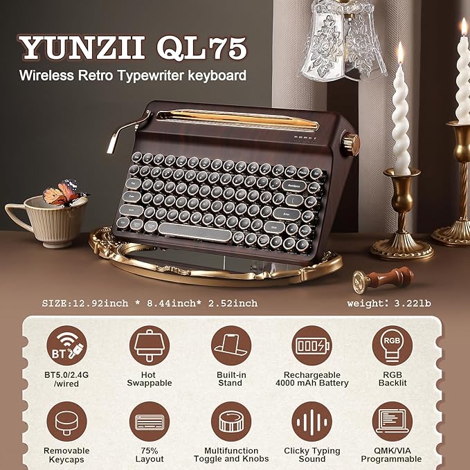 YUNZII QL75 Wireless Typewriter Hot Swap Retro Mechanical Keyboard,Punk Round Keycaps,RGB Backlit QMK/VIA Programmable, Multi-Device Keyboard with 2.4GHz/Type-C/BT5.0 (Wood, Onyx Switch)