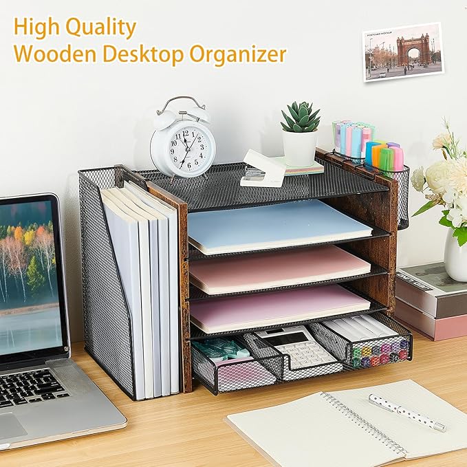 Wood Desk Organizers and Accessories with File Organizer, 5-Tier Paper Organizer with Drawer & Pen Holder, Office Desk Accessories, Workspace Desktop Storage for Office Supplies Organization(Brown)