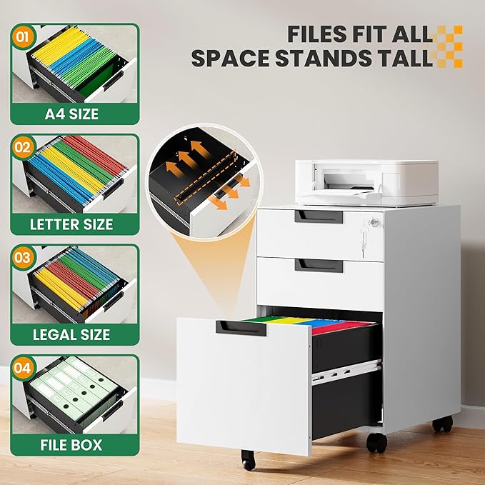 Mobile File Cabinet,3 Drawer Locking Storage Filing Cabinet,Office Metal Storage Cabinet on Wheels for Legal/Letter/A4 File(Fully Assembled,White)