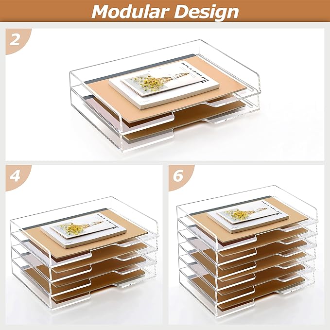 SANRUI 4 Tier Acrylic Paper Letter Tray Desk Stackable Organizer Trays,Clear Enlarged A4 Stackable File Document Tray, Workspace Office Supplies Organizers and Accessories Sorter,13.82inx9.29inx6.7in