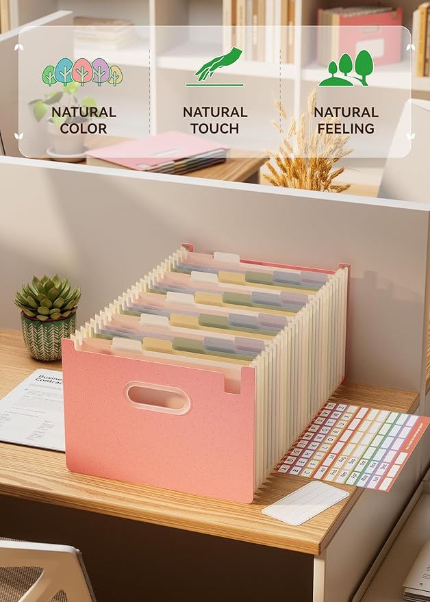 Accordion File Organizer, 26 Pockets Wheat Straw Expanding File Folders, Upright&Open Top, A-Z Bill Receipt Organizer, 100% BPA Free, Return to Nature, Healthy Living, Letter/A4 Size-Strawberry Pink