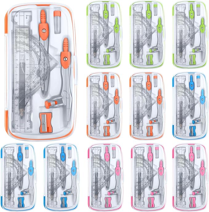 Teling 12 Sets Math Geometry Kit for Students 10 Pcs Compass Geometry Tools Set Includes Rulers Protractor Compass Eraser Pencil Sharpener Lead Refills Pencil (Colorful)