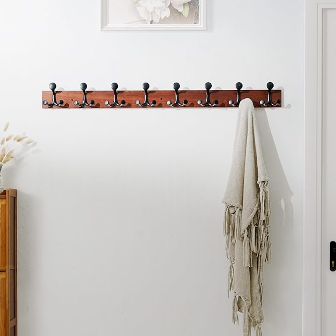 SKOLOO 43-Inch Cherry Wood Coat Rack Wall Mount with 8 Triple Hooks - Ideal for Family Entrances, Classrooms, and Pet Supplies Storage - Perfect Coat Hooks for Wall