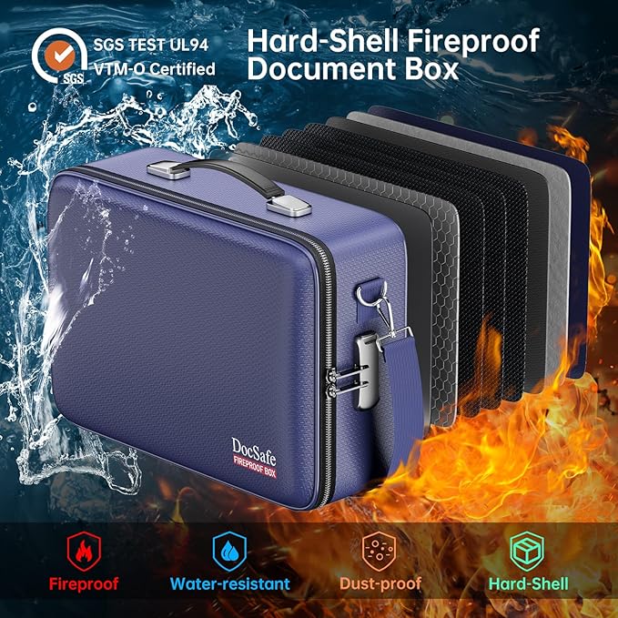DocSafe Fireproof Document Box with Lock, Hard Case File Organizer with Accordion File Folder, Fireproof Water Resistant Safe Box Home Office Travel Storage for Important Documents Laptop Blue