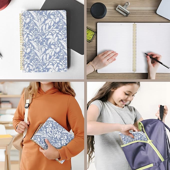 Cute Spiral Notebook journal A4 Aesthetic Pretty Design for Women Girls Kawaii with Pocket, 8.5 x 11 inch, Lined, Blue Leaves