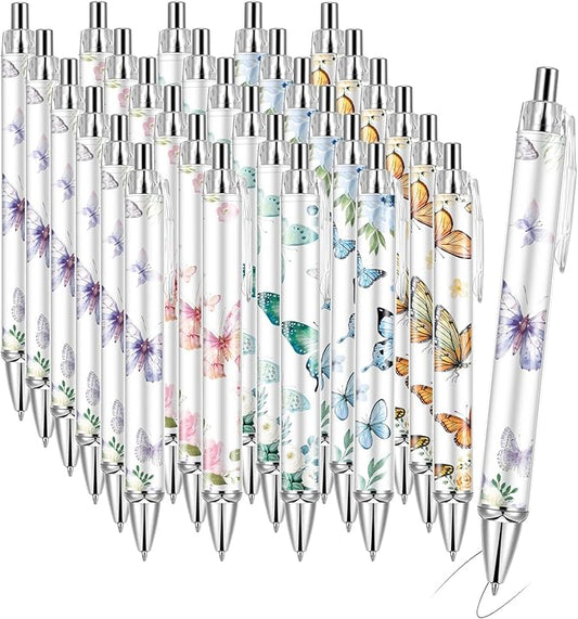 30 PCS Butterfly Ballpoint Pen Retractable Ballpoint Pen, 0.5mm Ball Point Pens for Office Stationery Home School Supplies for Women Teacher Gifts Black Ink, Medium Point (Butterfly, 30)