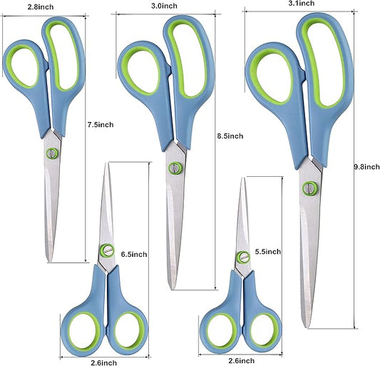 Scissors All Purpose,Scissors Set of 5,Premium Stainless Steel Sharp Blades Soft Comfort-Grip Handles Suitable for School,Office Supplies and Family Daily Use