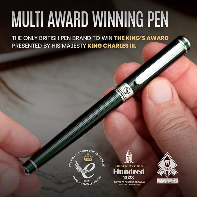 Scriveiner British Racing Green Rollerball - Stunning Luxury Pen With Chrome Finish, Schmidt Ink Refill, Best Roller Ball Pen Gift Set for Men & Women, Professional, Executive Office, Nice Pens