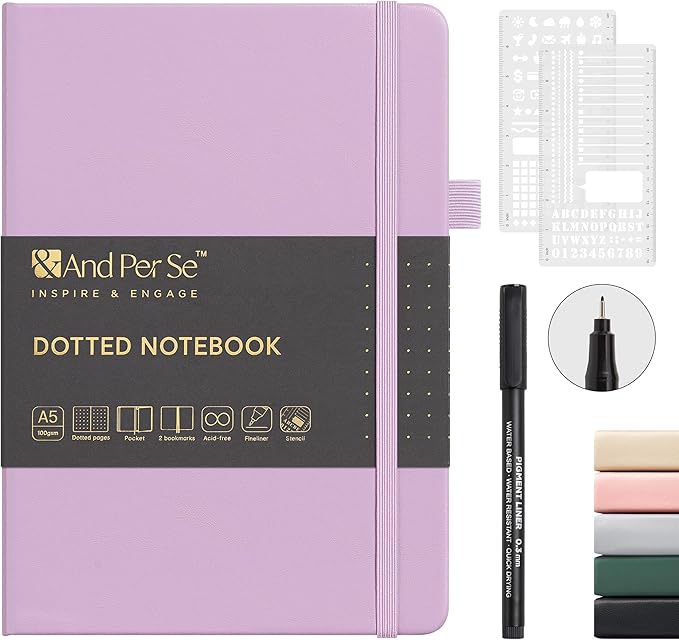 &And Per Se Bullet Dotted Journal Notebook, A5 Leather Hardcover, 176 Numbered Pages 100GSM Thick Dotted Paper, 2 Sheets of Stencils Included - 5.7'' x 8'' (Lavender)