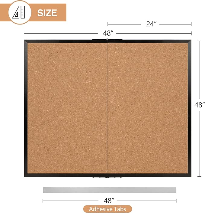 Board2by Extra Large Cork Bulletin Board 48" X 48", Foldable Notice Pin Board for Wall, Black Wood Framed 4'x4' Corkboard, Wall Mounted Noticeboard with 32 Push Pins for School, Home & Office