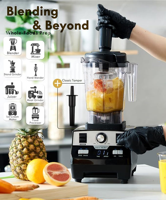 HECMAC 3-Peak HP Blender - 2200W Max/1400W Rated, 68oz BPA-Free Pitcher, 3 Programs, Self-Clean, Tamper - Smoothies, Ice Crush, Frozen Drinks, Food Prep - Home & Commercial, 110V
