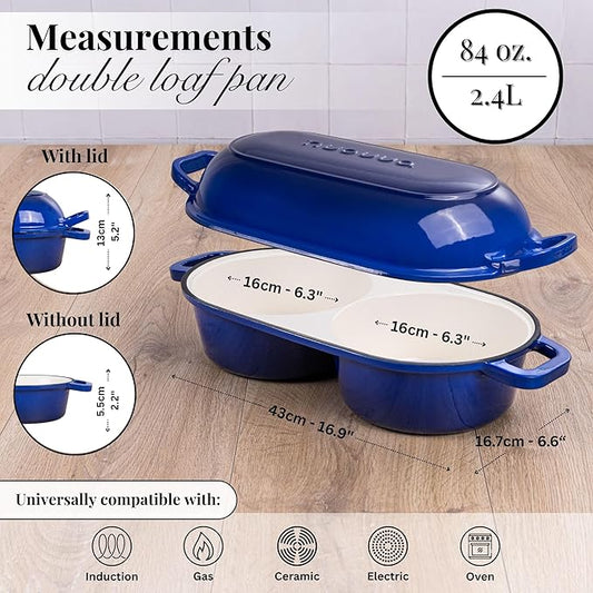 nuovva Dutch Oven For Sourdough Bread Baking – Enamelled Cast Iron Bread Loaf Pot – 500°F Oven Safe Non Stick Bread Pot – Double Round Loaf Space, 16.5cm Diameter, Dark Blue