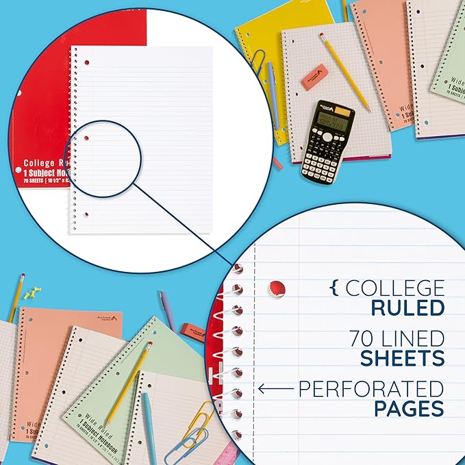 Blue Summit Red Spiral Notebooks Bulk, One Subject Spiral Notebook College Ruled, Perforated Notebook, 8 x 10.5 for Work and School, Paper, College Ruled, Bulk 48 Pack