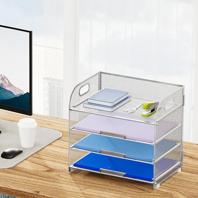 Marbrasse 4 Tier Paper Organizer Letter Tray - Mesh Desk File Organizer with Handle, Paper Sorter Organizer for Letter/A4 Office File Folder Holder (Silver, 12.6" x 9.1" x 10.7")