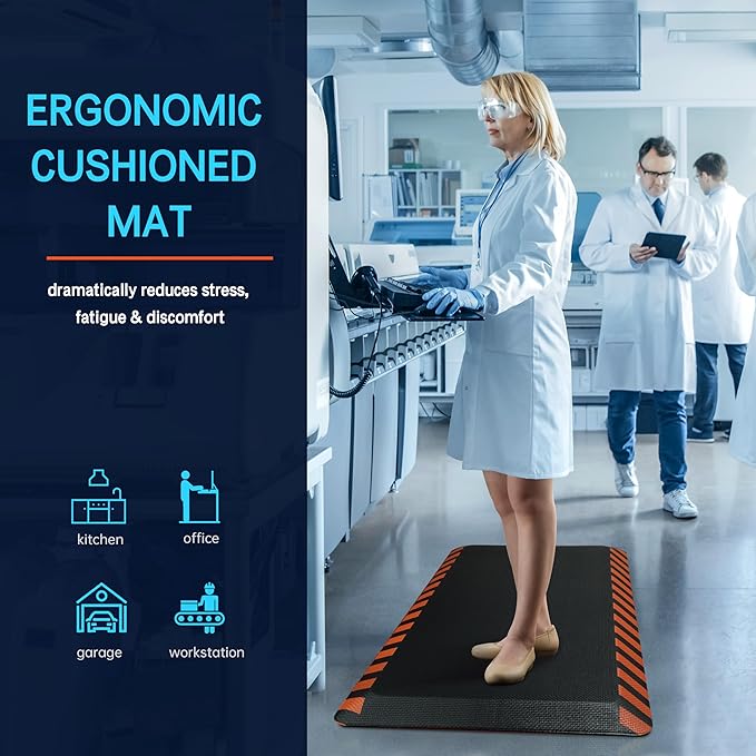 FEATOL Anti Fatigue Mat Industrial, Ergonomic Standing Floor Mat for Work for Stand, Black with Orange Border Safety 20" x 32"-Support for Leg & Back Pain