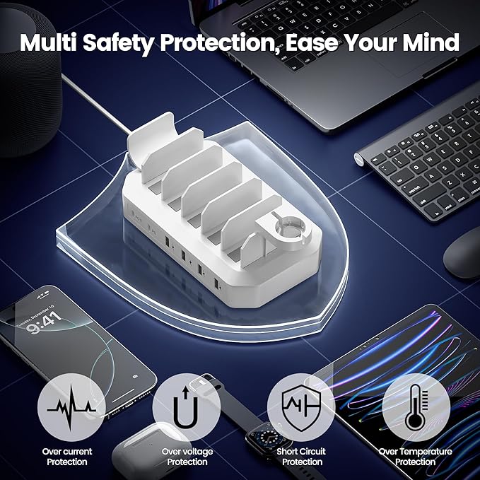 190W Fast Charging Station for Multiple DevicesใCertified Safer Chargingใ 6 Port USB Charger Station - Family Multi-Device Organizer Charging Dock Compatible with iPhone/Android/MacBook/iPad/Tablet